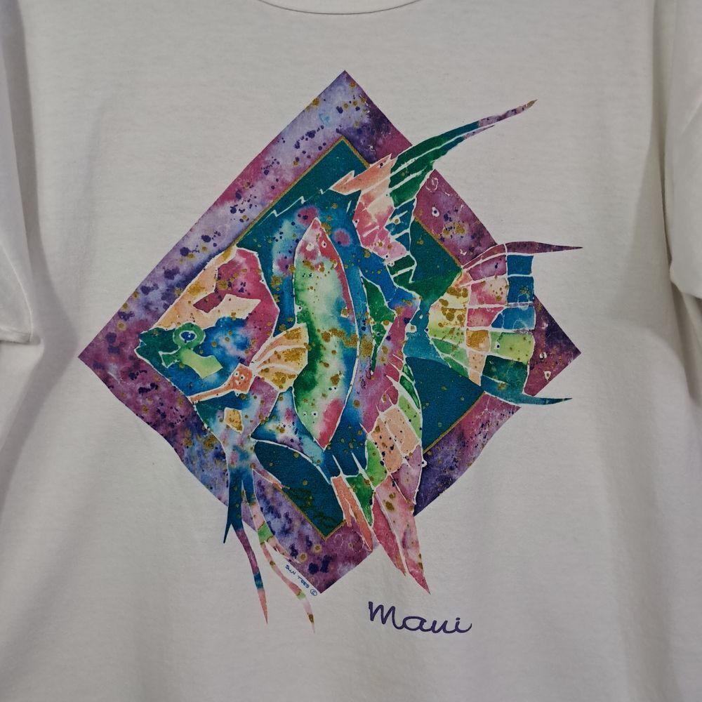 Vintage Anvril Maui Shirt Women XL White USA Sun Tees Y2K Colorful Vacation Fish - Picture 7 of 13